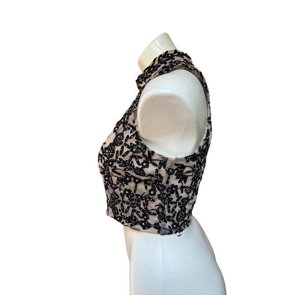 Y2K Corset Bustier Illusion Crystal Mesh Tulle Crop Top Embroidered Black Beige - Picture 5 of 11